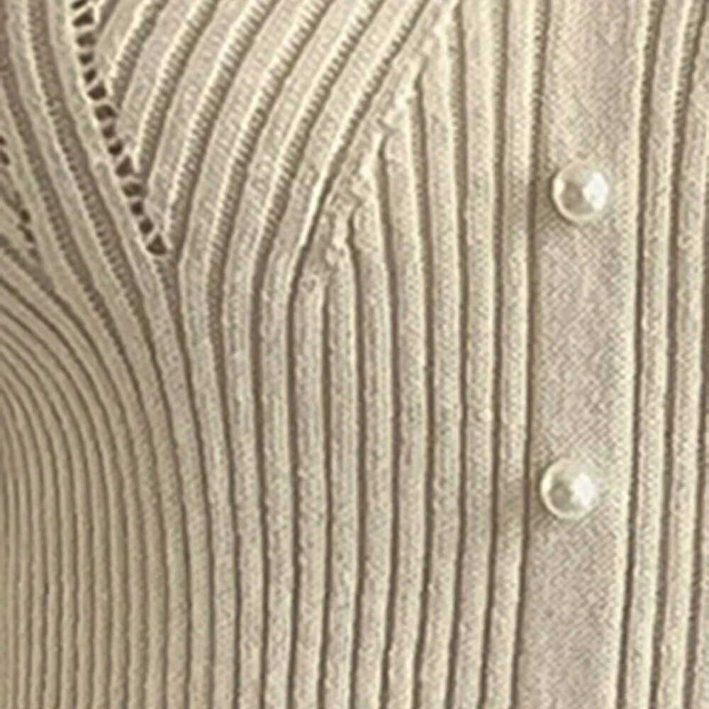 Beige Casual Women's Lace Patchwork V-Neck Fitted Knit Sweater - Picture 3 of 8